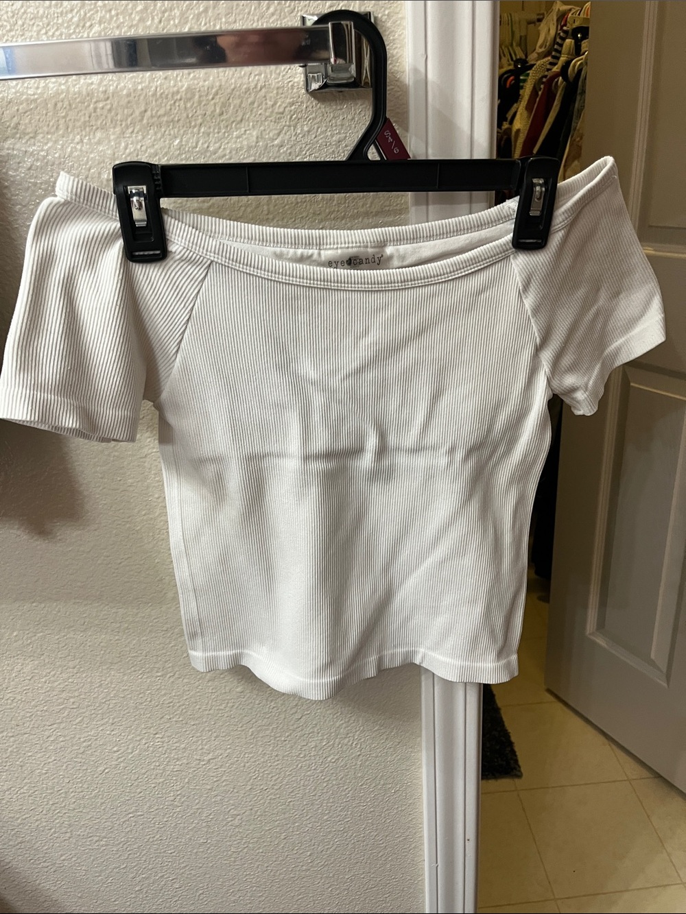 eye candy White Off-Shoulder Ribbed Crop Top
